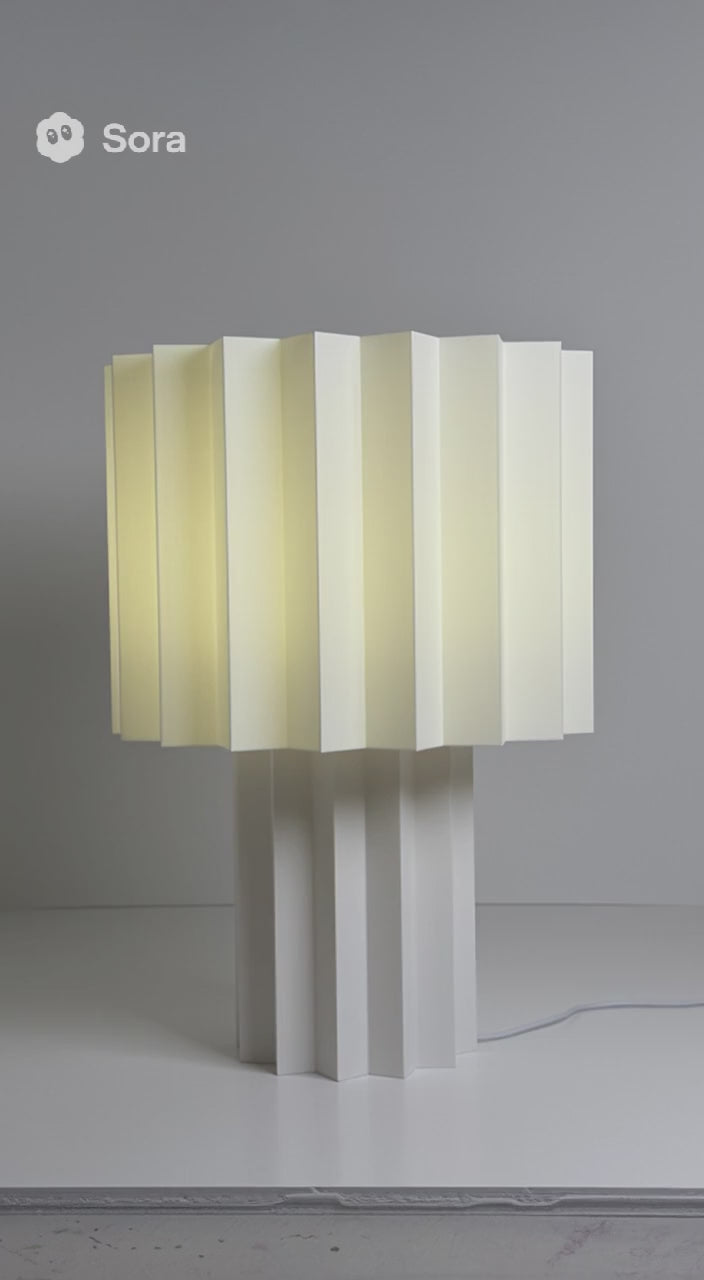 Load video: Treetop Modern Table Lamp – Pleated 3D Print Design with Dimmable LED